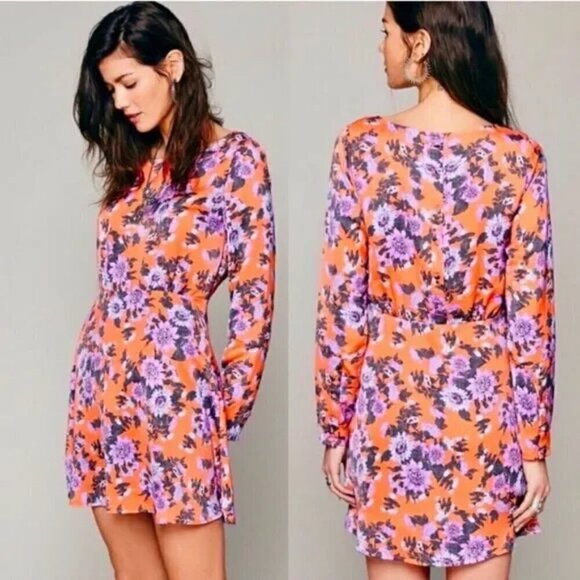 Free People Parker Orange Purple Floral Mini Dress Size 0 - Picture 1 of 11
